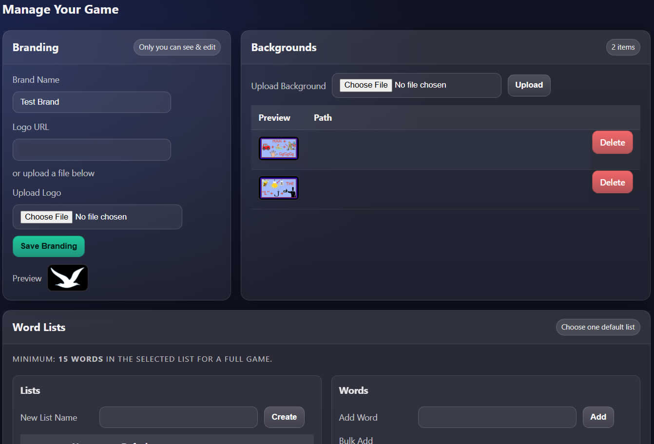 Add your logo, event or company name, and create custom word lists.